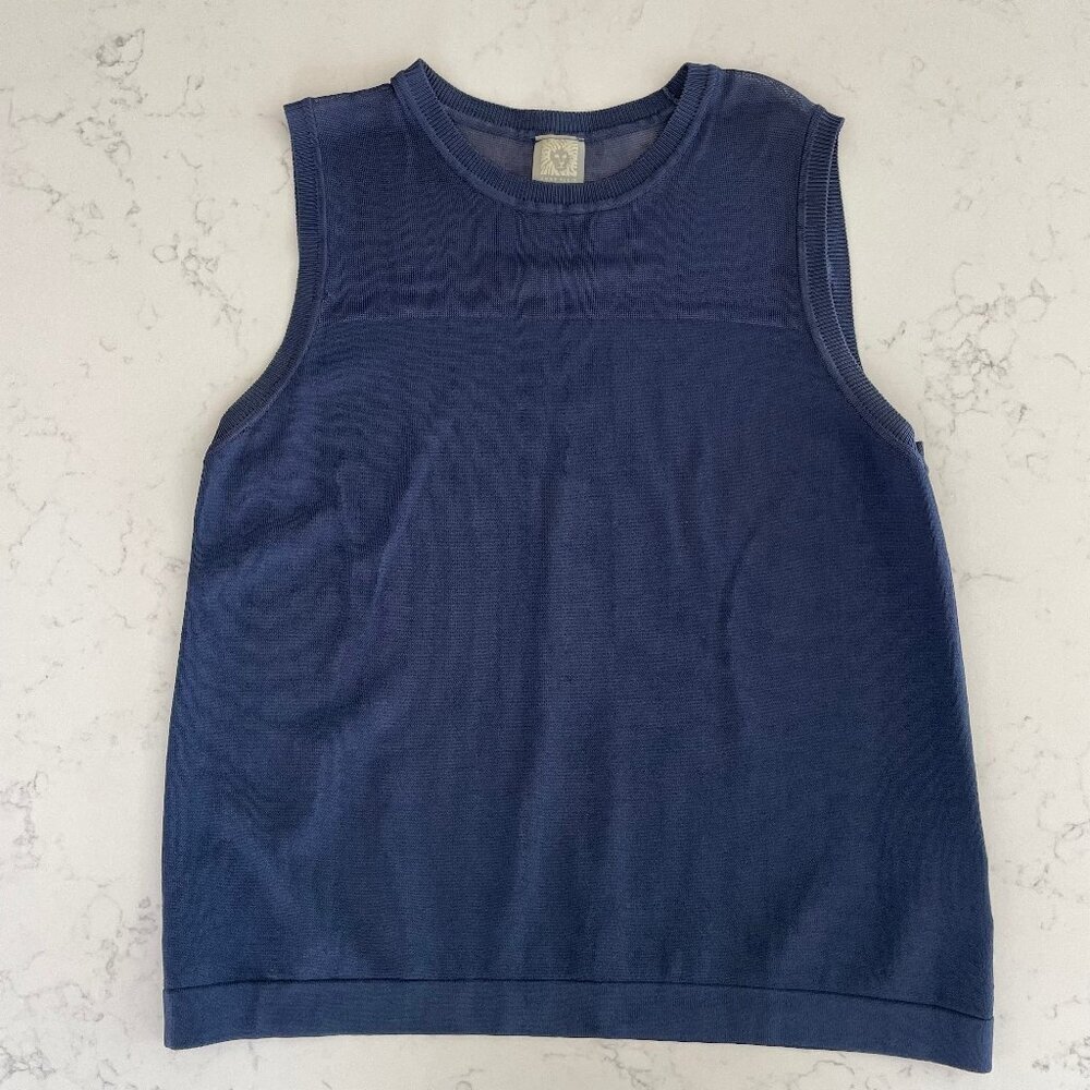 Anne Klein Vintage Slvless Crew Neck Mesh Panel Viscose Blend Knit Top Blue Sz S